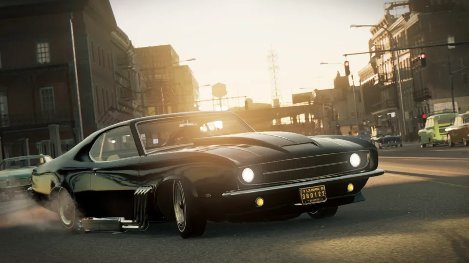 A muscle car driving through New Bordeaux at sunset