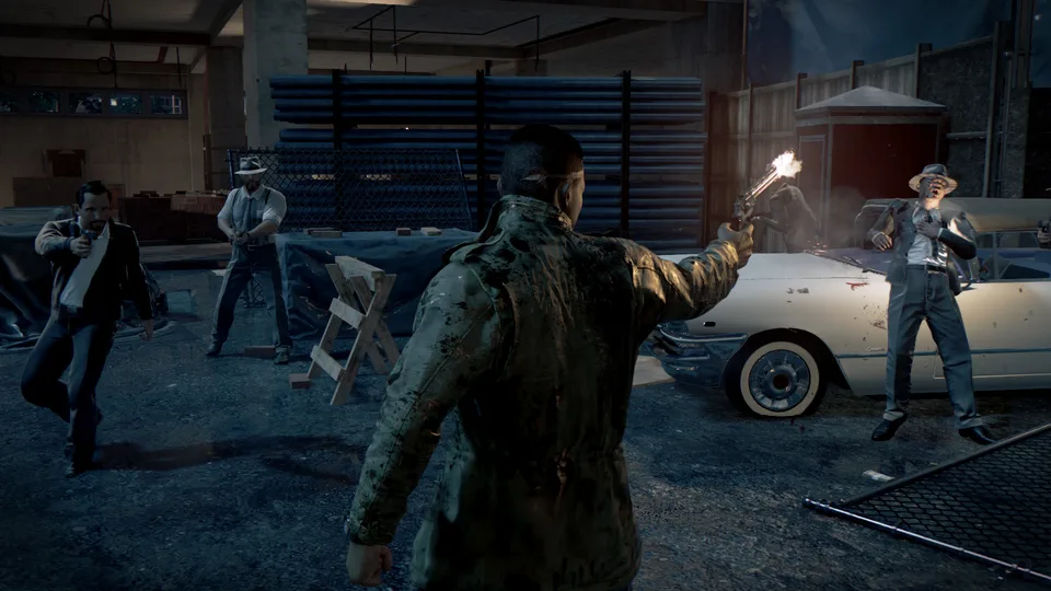 Armed robbers beside a car at night in Mafia III